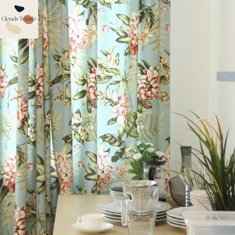 rideau opaque motif floral fleurs feuilles classique salon chambre maison polyester vert bleu