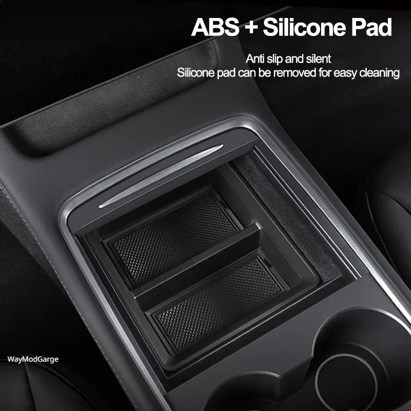 boîte rangement central tesla model noir texture flanelle pratique silicone moderne