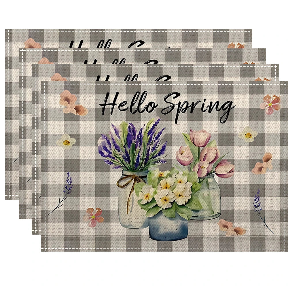 serviettes table lin lavables motif floral citron carreaux gris blancs textes décoratives rustiques