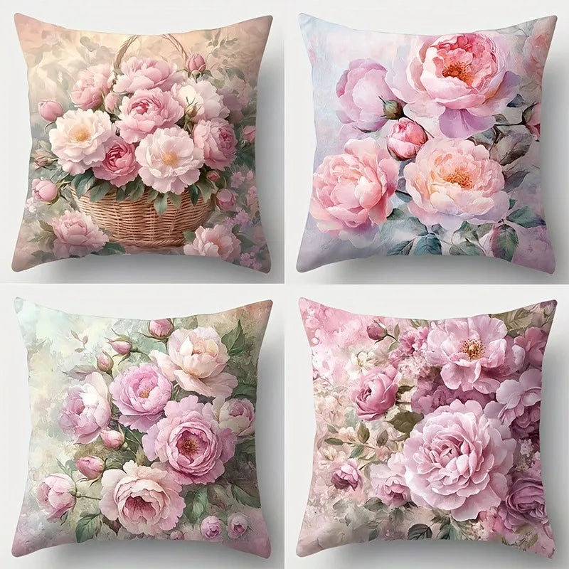 housse coussin imprimé bouquet fleurs roses blanches vintage couleurs rose beige vert polyester 40x40cm