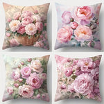 housse coussin imprimé bouquet fleurs roses blanches vintage couleurs rose beige vert polyester 40x40cm