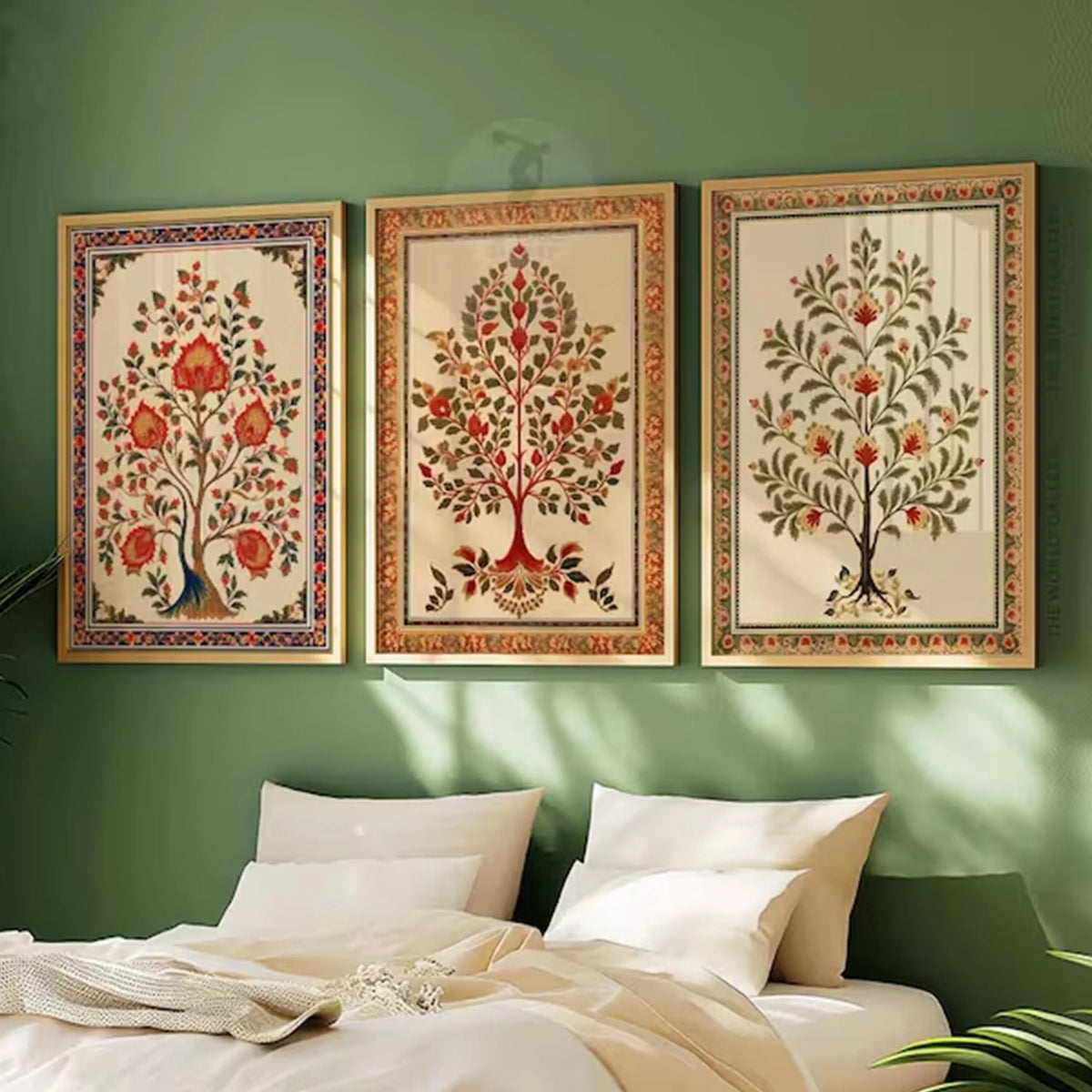 toiles d'art murales florales traditionnelles beige rouge vert bleu cadre bois chambre salon decoration