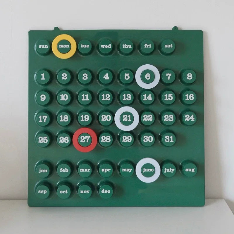 calendrier mural moderne minimaliste vert blanc cercles numéros mois jours semaine opaque sans fixation