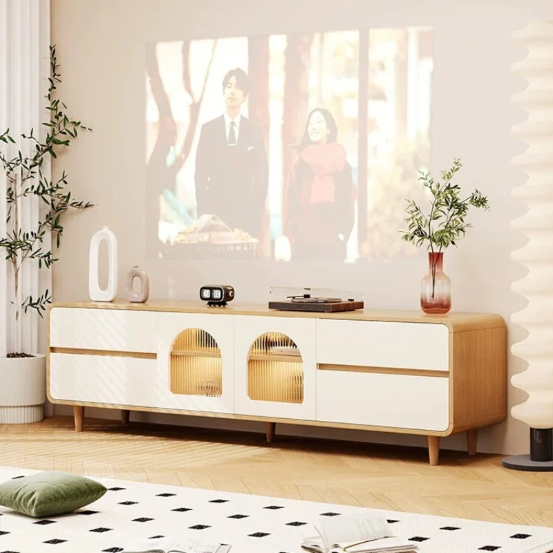 meuble tv blanc bois massif moderne support téléviseur salon décoration tapis plante