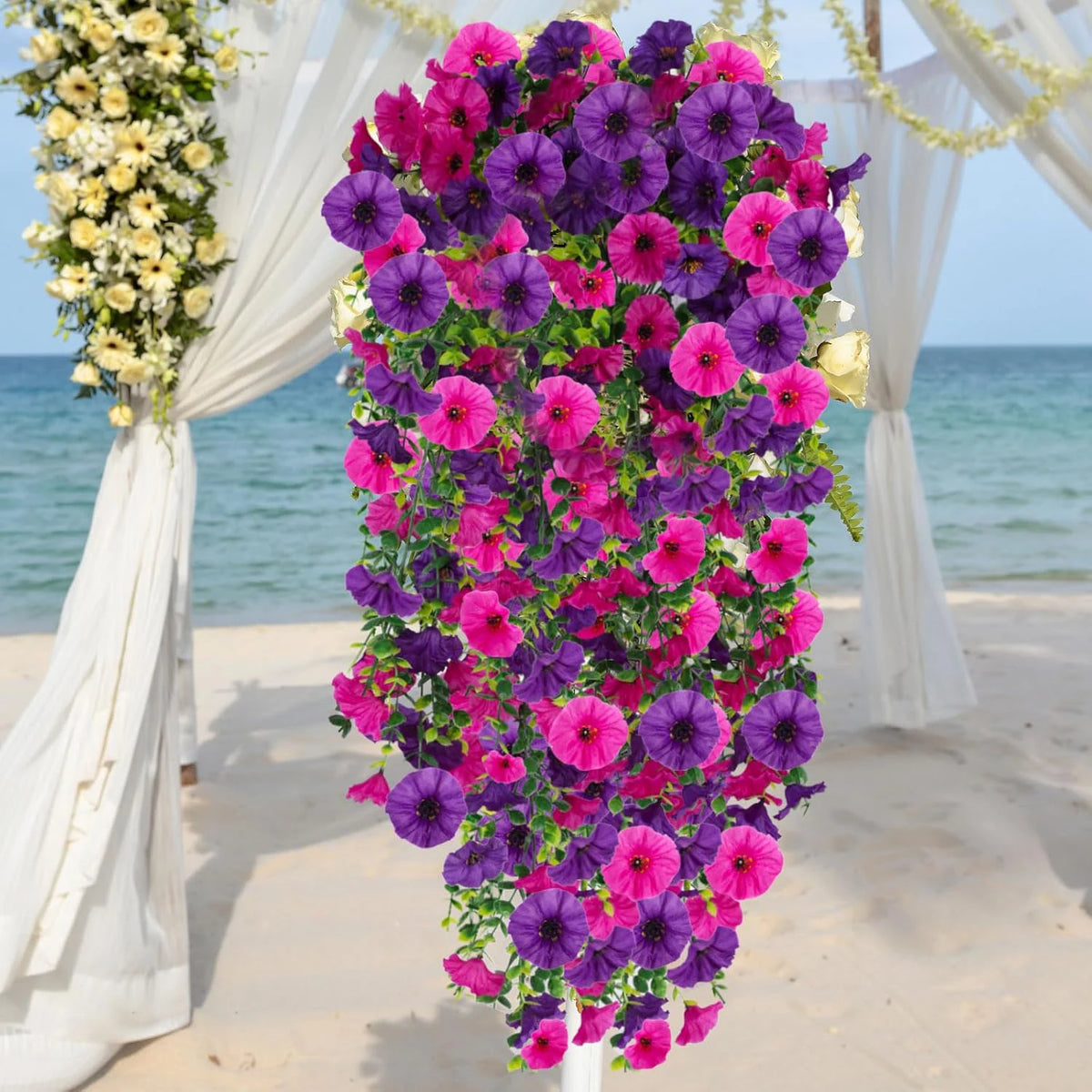 guirlande fleurs artificielles violettes roses jaunes oranges rouges feuilles vertes modernes decoration intérieure mariage