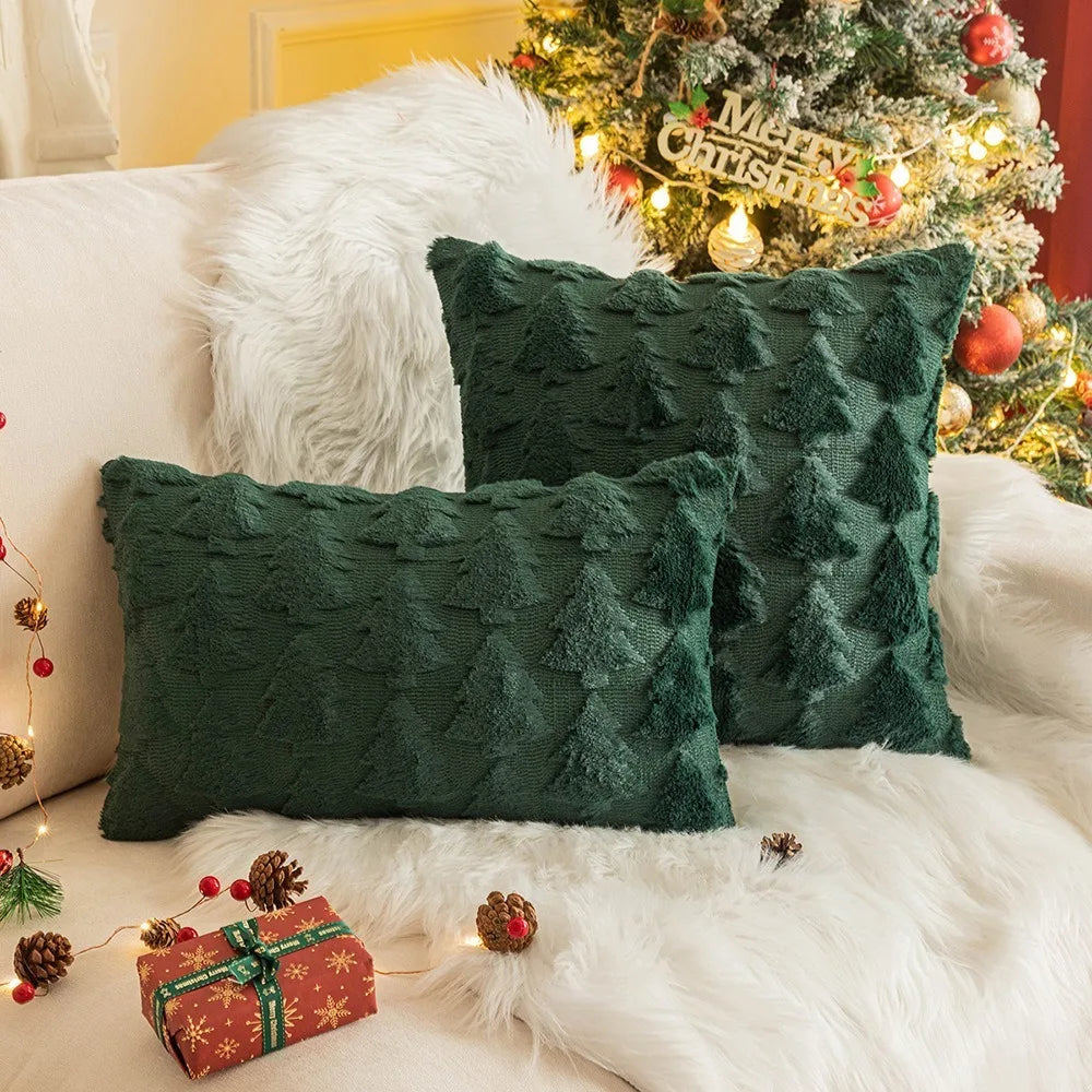 housse coussin noël arbre renne festive polyester beige vert rougeOpaque 45cm 50cm