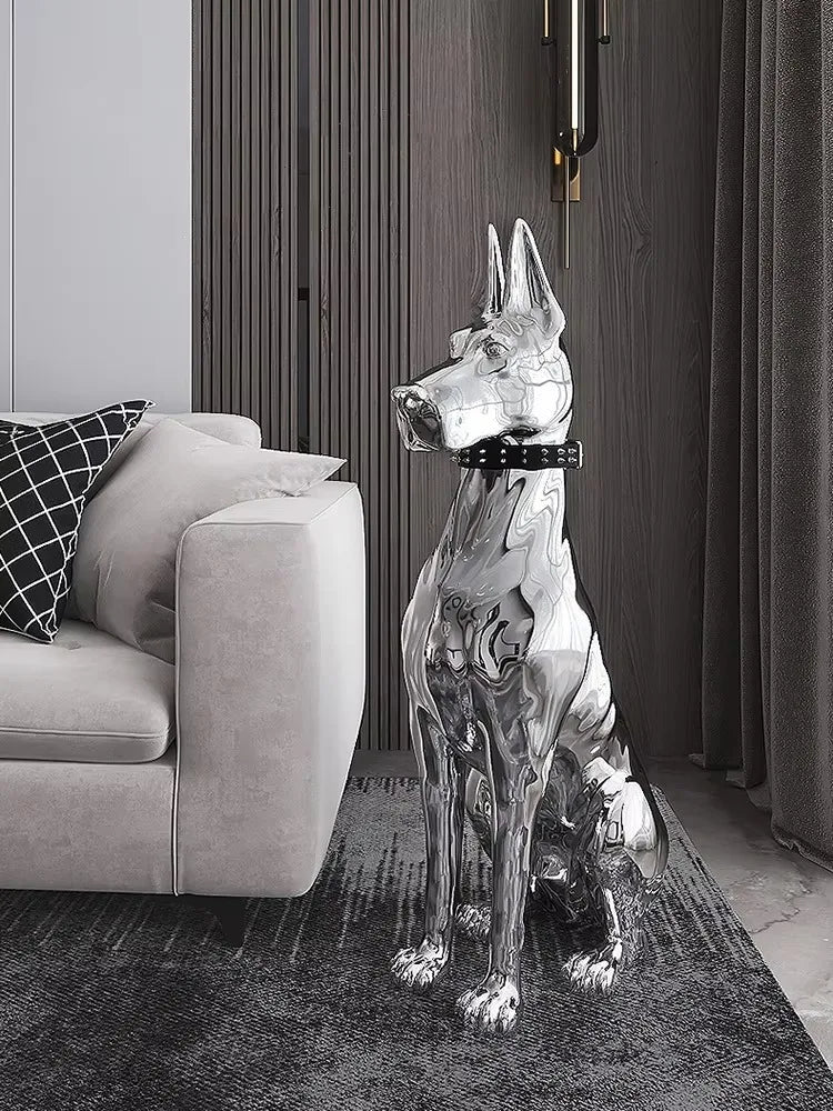 statue moderne chien dobermann bulldog lunettes collier or argent réfléchissant intérieur décoration
