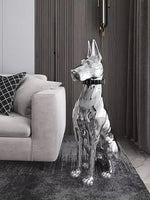 statue moderne chien dobermann bulldog lunettes collier or argent réfléchissant intérieur décoration
