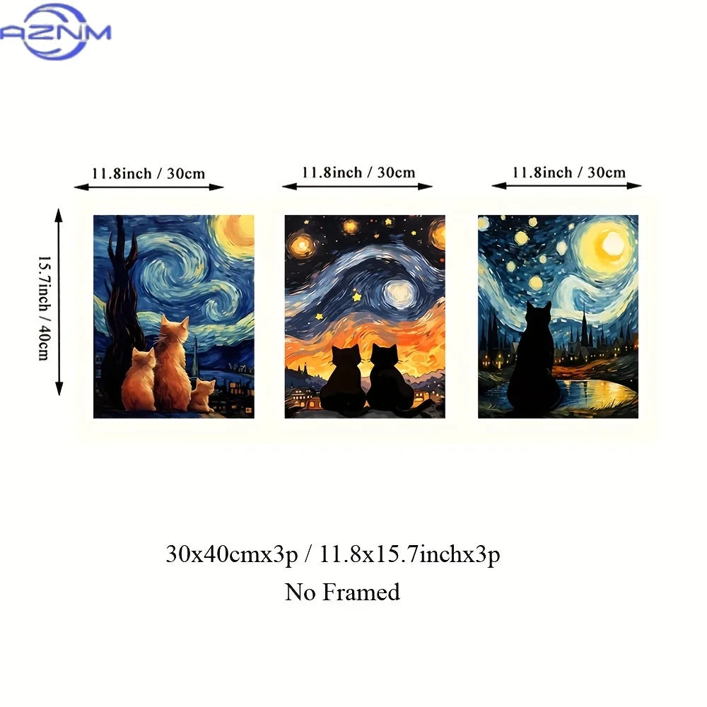 tableaux impressionnistes van gogh nuit étoilée chats multicolores décoration murale moderne abstraite carreaux sans