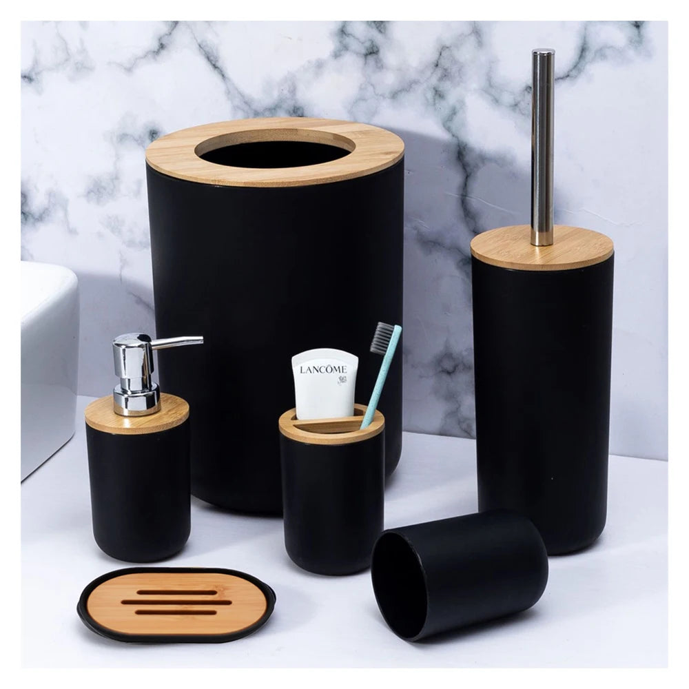 ensemble salle bain bambou distributeur savon porte brosse dents porte savon tasse noir