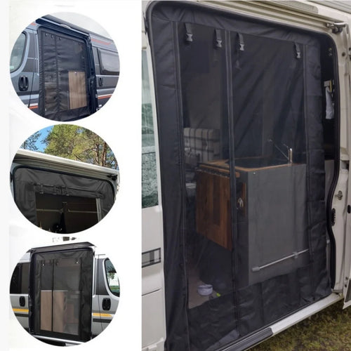 rideau porte camping car gris foncé maille fine clips poignée glissière moderne protection utilitaireextérieur