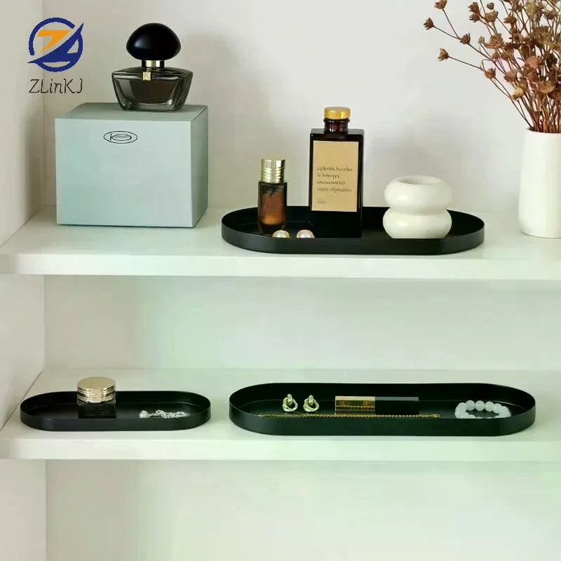 plateau ovale moderne noir blanc mat bijoux cosmétiques organisation salle bain thé fruits