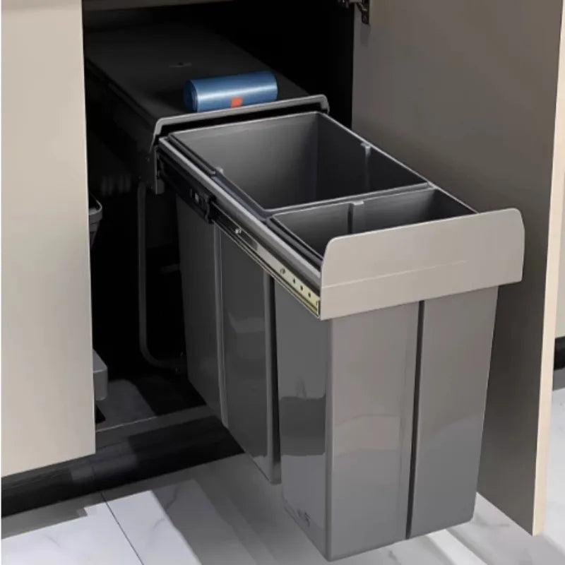 poubelles cuisine escamotables deux bacs gris moderne poignées couvercle amovible rails métalliques rangementintérieur