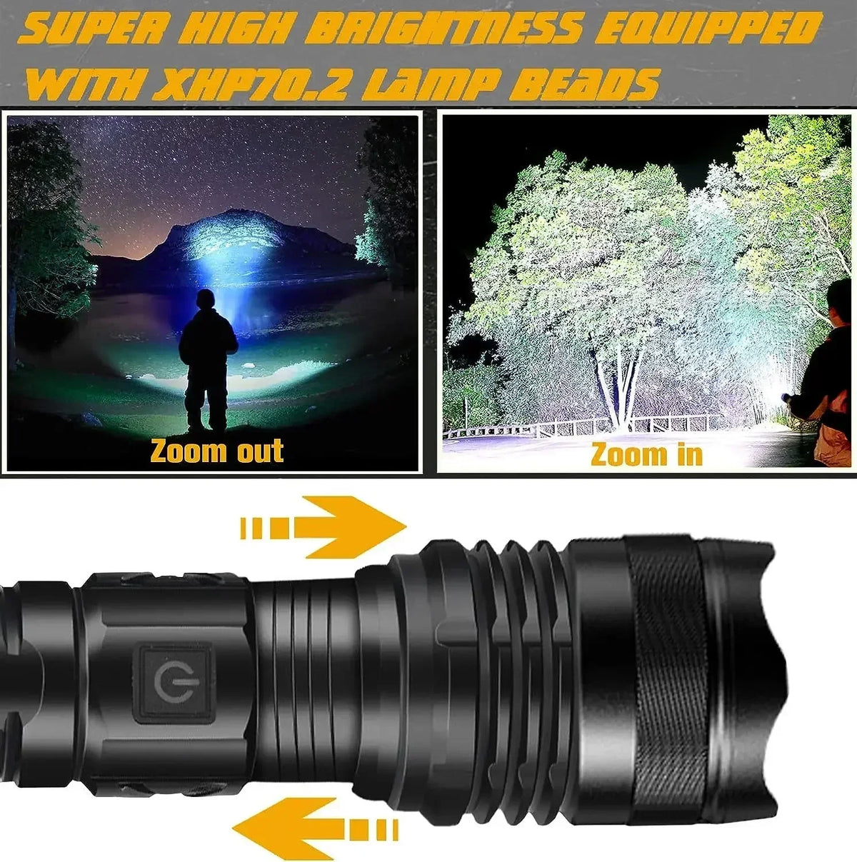 torche rechargeable led puissante zoom camping résistante autodéfense lisse noire
