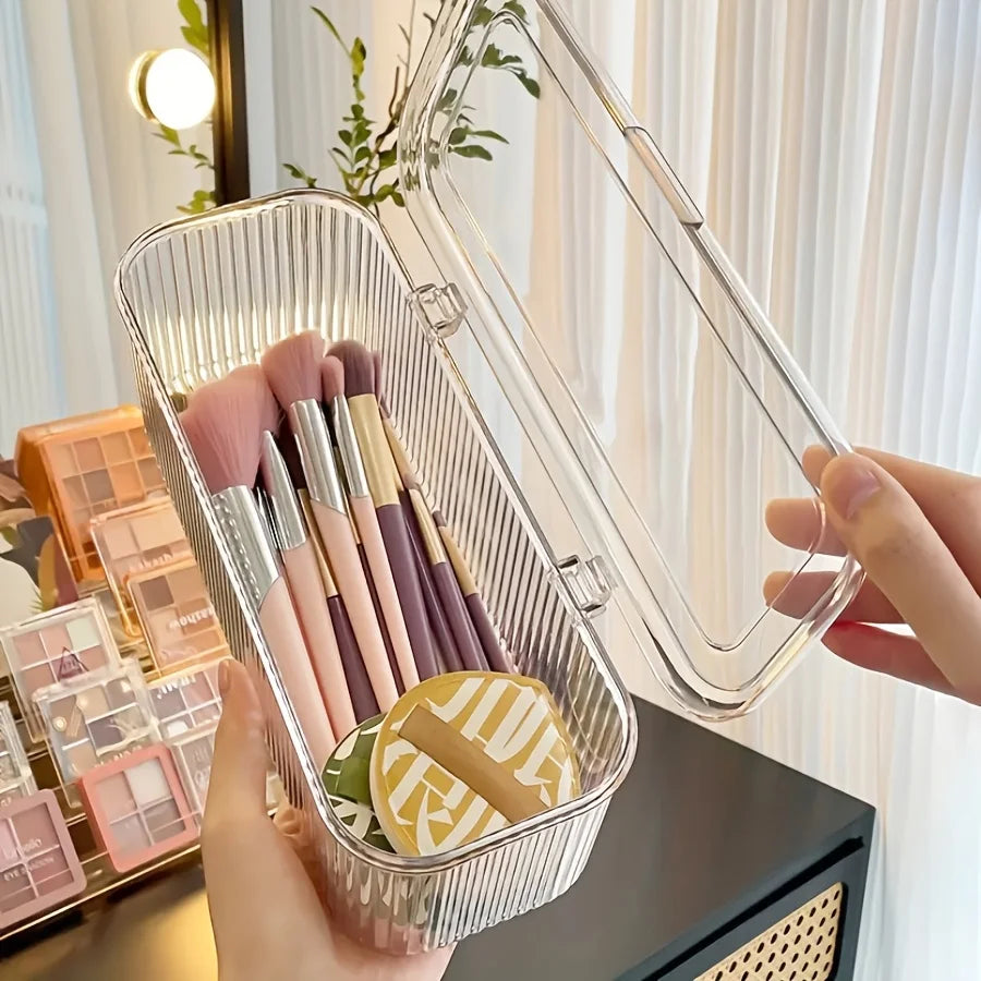 boîte maquillage transparente rayures verticales moderne poignée brosse pinceau tampon réutilisable
