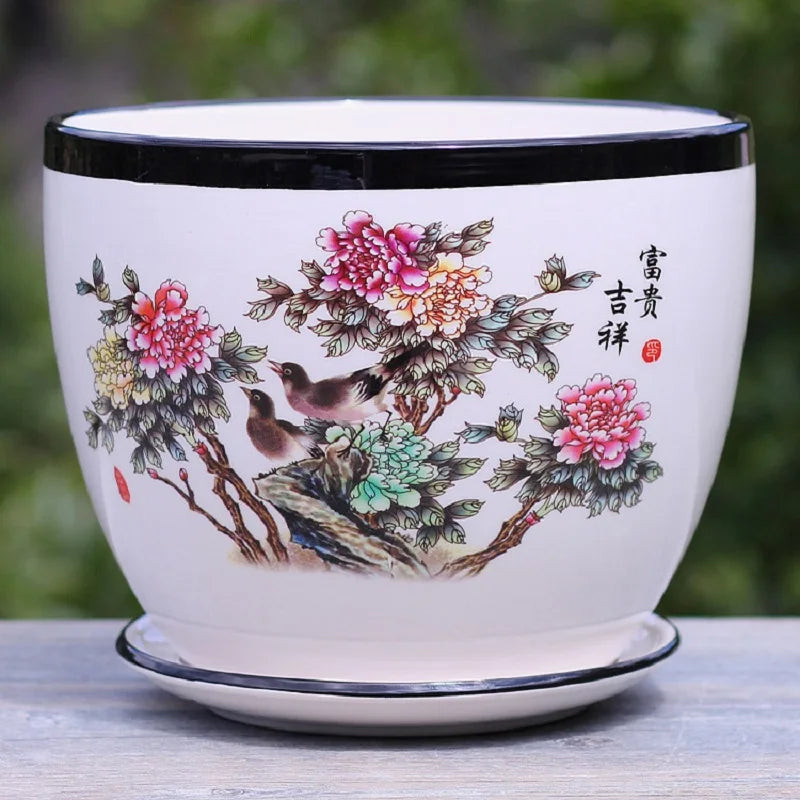 vase decoratif art traditionnel chinois cache pot fleurs oiseaux calligraphie chinoise blanc rouge vert