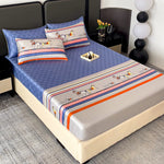 drap housse lit bleu clair doré motif floral classique taies d'oreiller coton