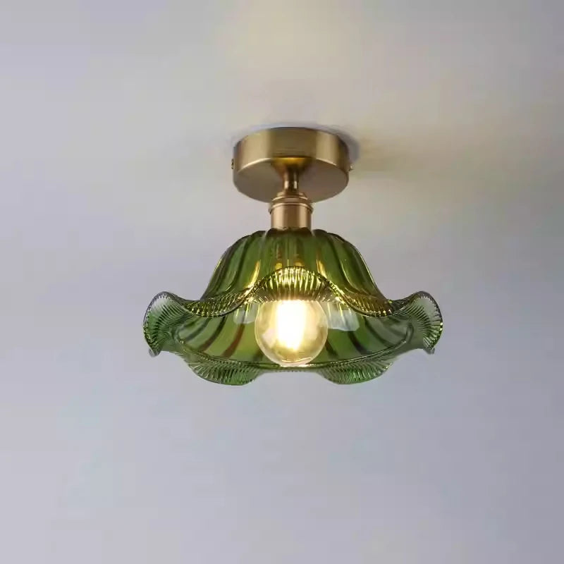 suspension lumineuse vintage transparente motifs floraux vert orange bleu