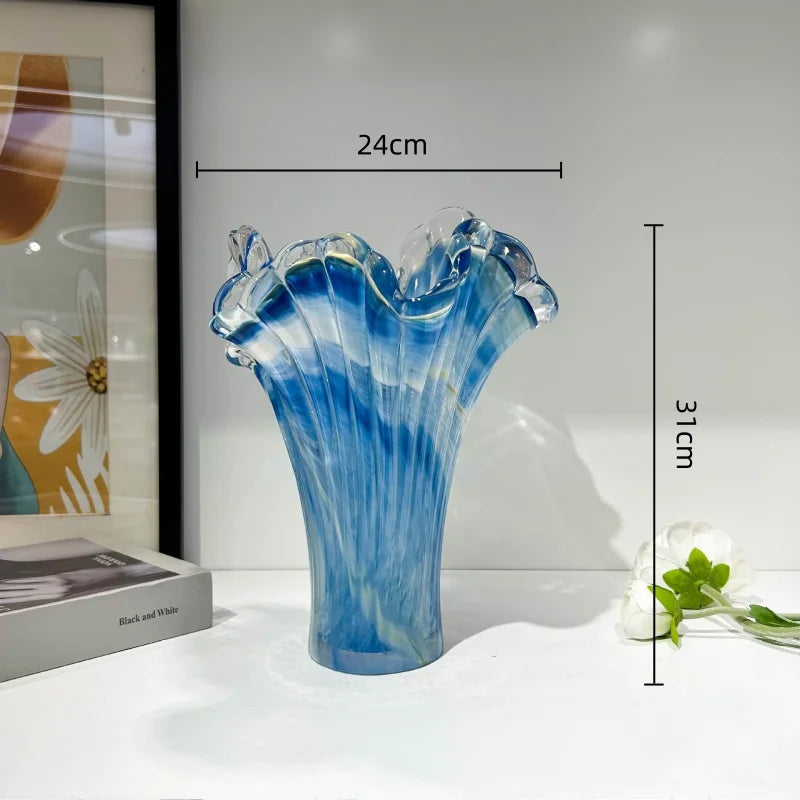 vase moderne bleu rayures horizontales artisanal transparent table décoration maison plateau fruits