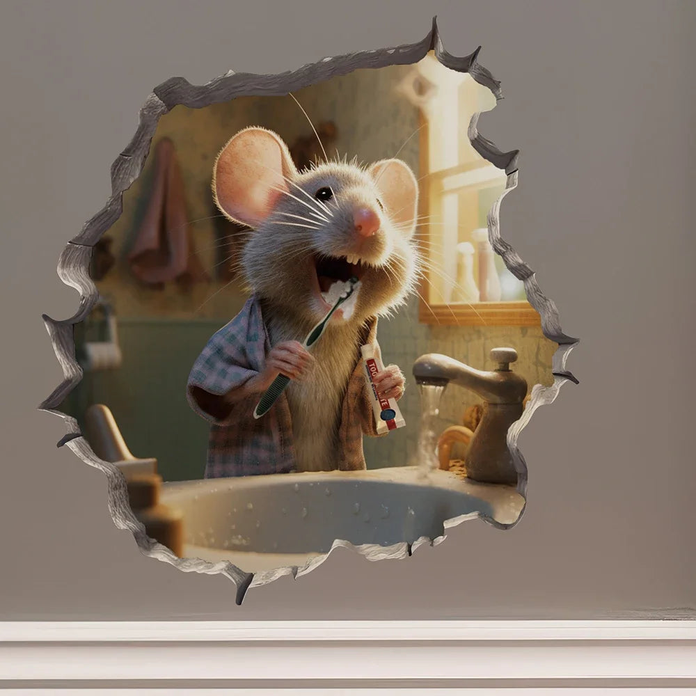 autocollant mural 3d souris salle bain beige gris vert adhésif illustration animal compagnie