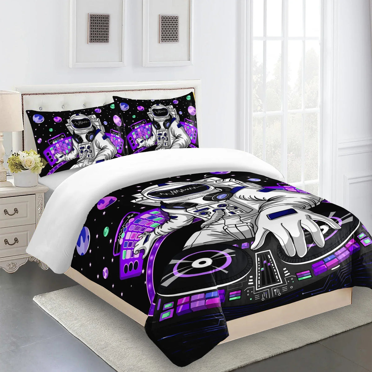housse couette astronaute noir violet moderne 100 polyester taie d'oreiller geométrique planets graphique enfants