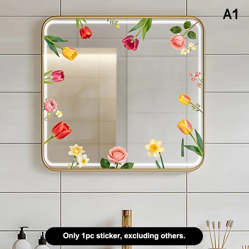 miroir adhésif moderne fleurs feuilles verte doré noir floral amovible chambre salle bain