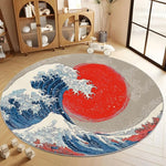 tapis rond moderne motif vague fleurs montagne salon décoration bleu blanc rouge