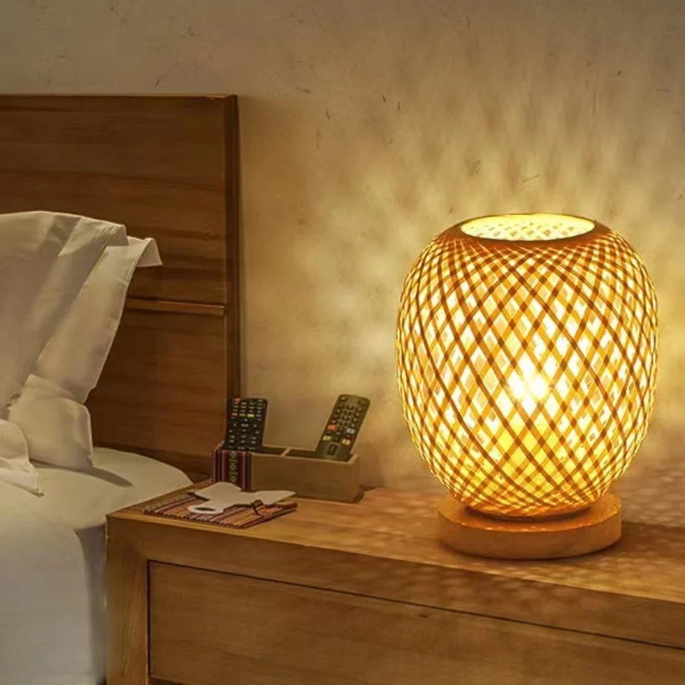 Lampe de chevet en bambou avec base bois