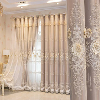 rideau double couche brodé 3d floral beige rose gris semi transparent élégant romantique decoration