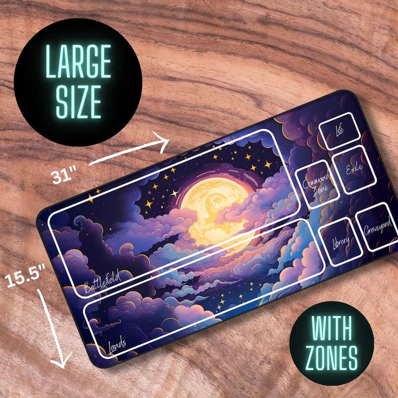 tapis jeu nuageux étoiles lune bleu violet jaune blanc grande taille gaming illustration