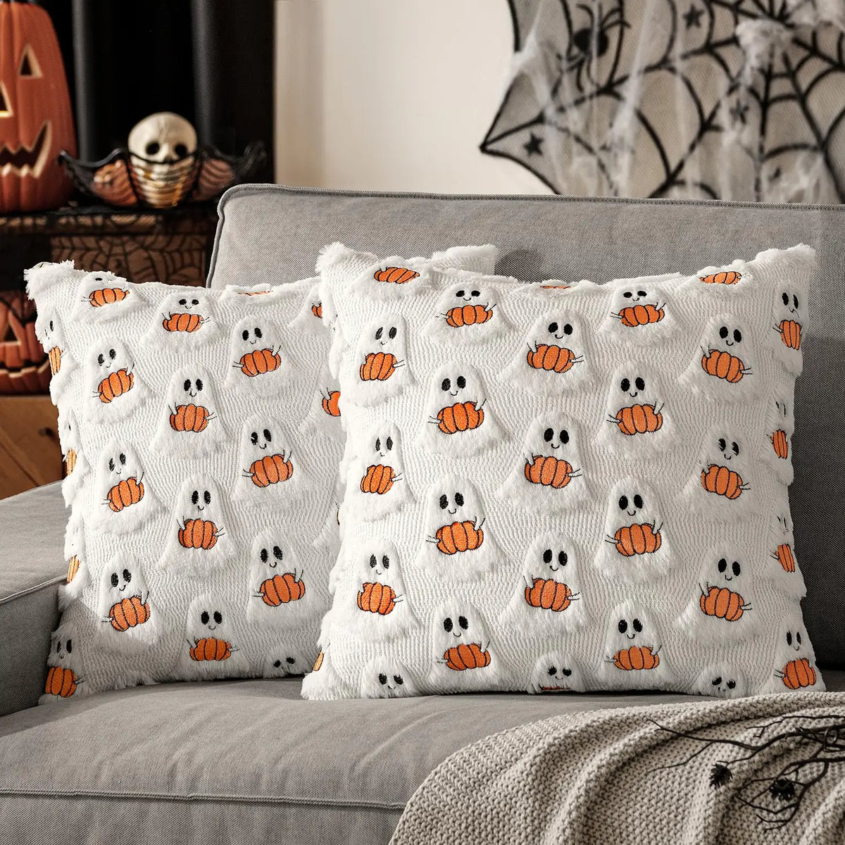coussin carré orange citrouille automne décoration halloween zip invisible garnissage blanc polyester cotton