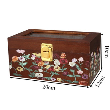 boîte bijoux bois fleurs colorées verre transparent classique poignée dorée 20x12x10cm portable domestique