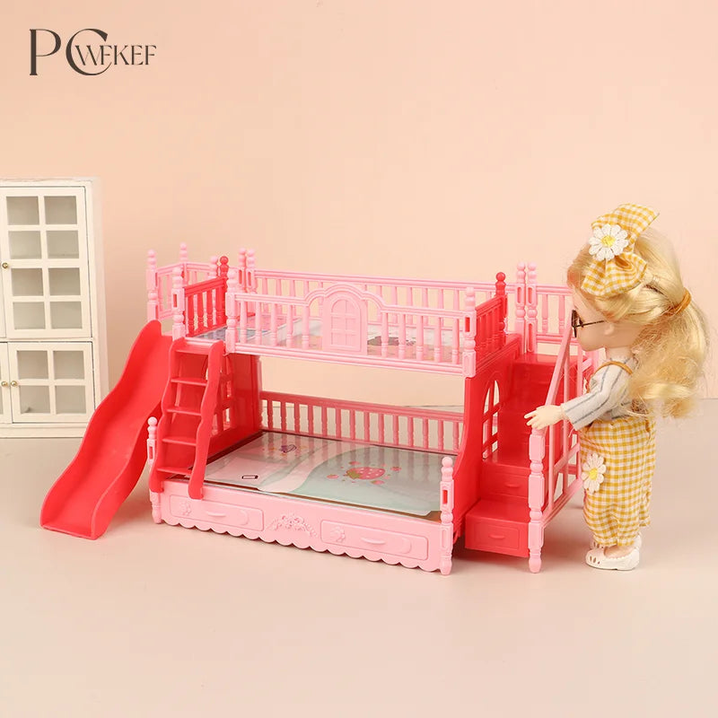 lit superposé poupées rose tapis escalier toboggan peluche classique chambre enfants