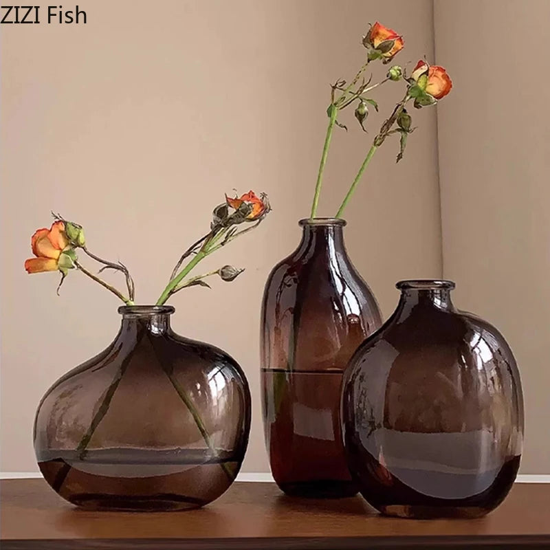 vases hydroponiques modernes transparents marron lisses décoration table plantes fleurs artificielles minimalistes