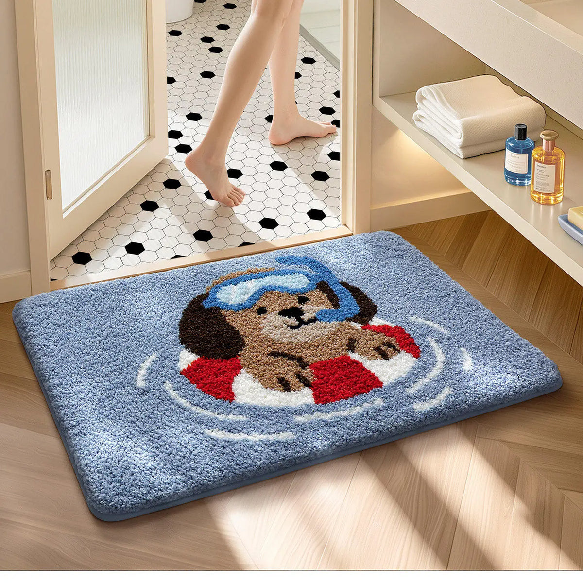 tapis bain antidérapant polyester shiba inu enfant moderne blanc bleu orange