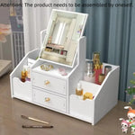 meuble rangement blanc moderne tiroirs miroir rond compartiments cosmétiques