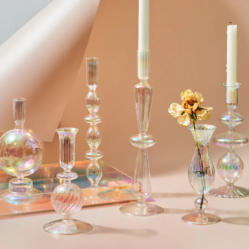 décoration intérieure verre irisé bougeoir vase transparent effet arc ciel spiral geometrique vintage boheme