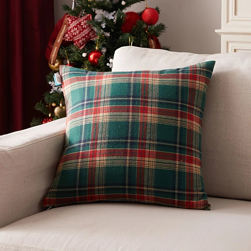 housse coussin carré imprimé écossais rouge vert traditionnelle polyester décoration intérieure noël chambre voiture