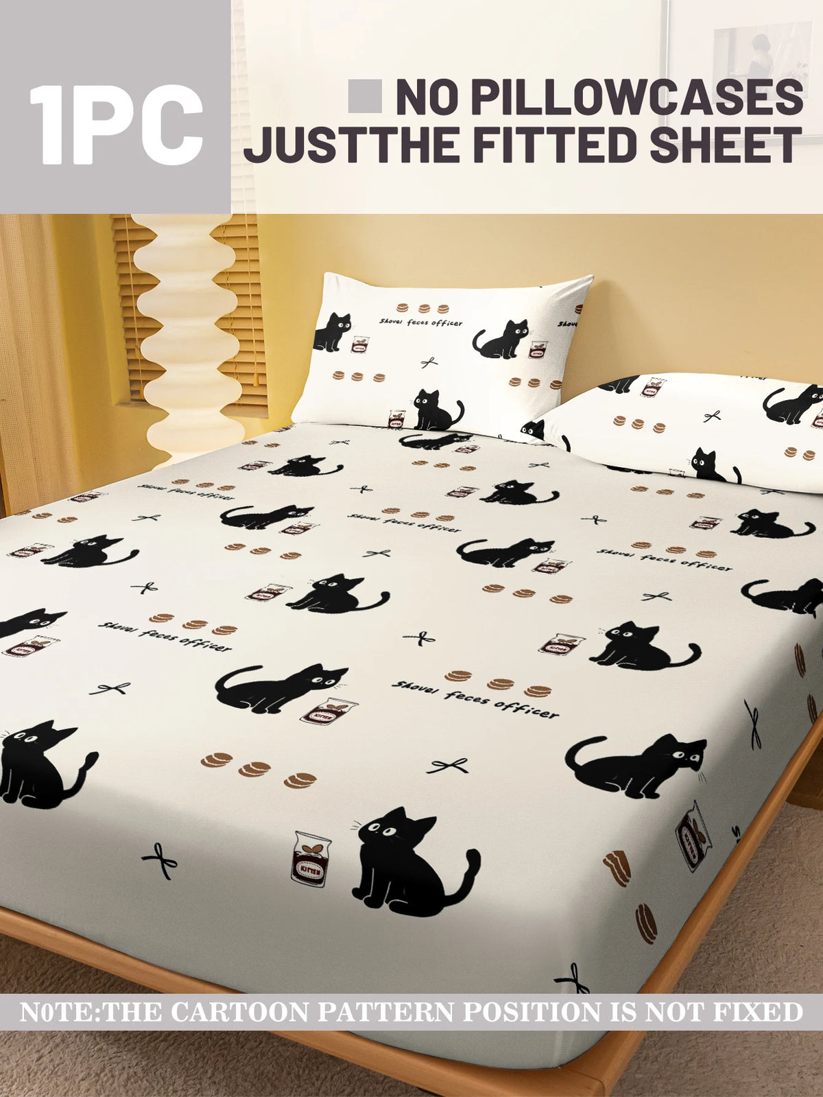 drap housse polyester motif chat noir moderne imprimé shovel faces officer blanc lit chambre