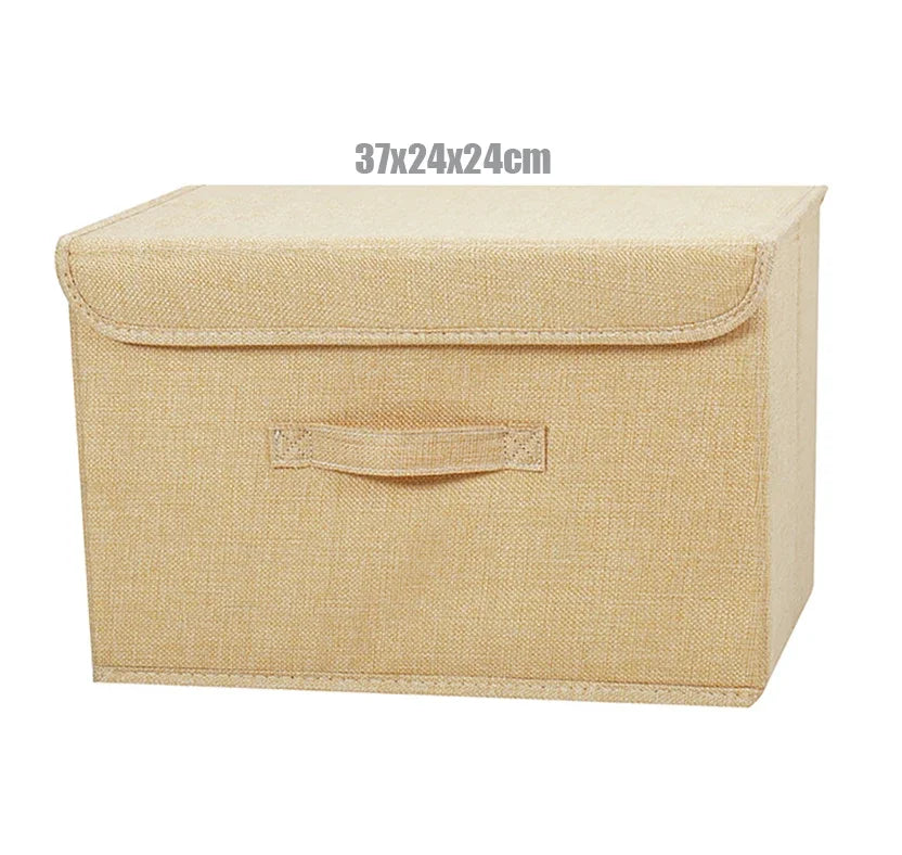 boîte rangement pliable tissu lin gris beige couvercle poignées vêtements