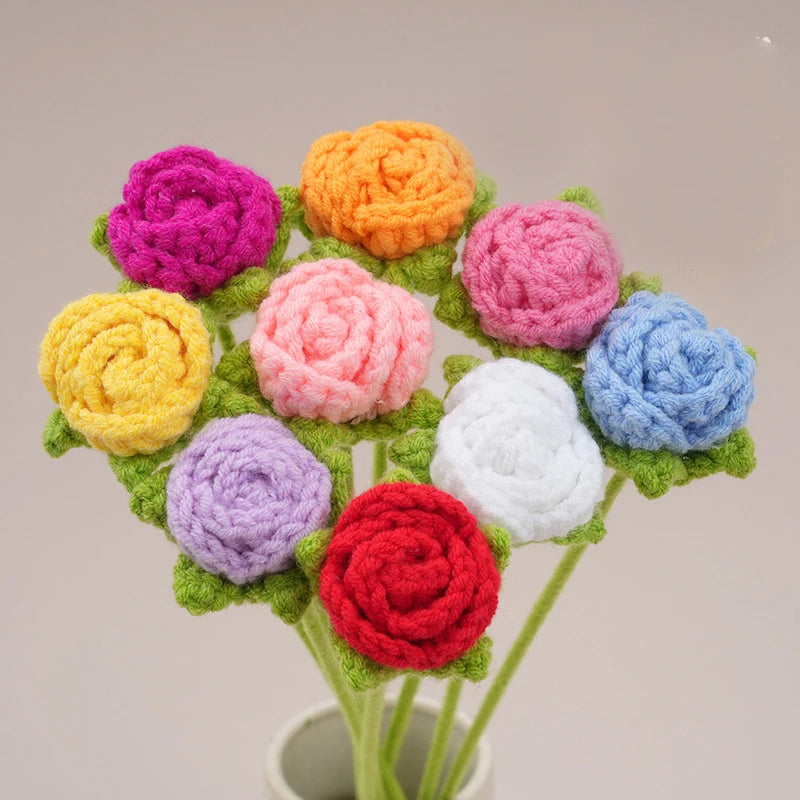 fleurs artificielles tricotées violet orange rose bleu blanc rouge jaune artisanale crochet decoration maisonintérieur