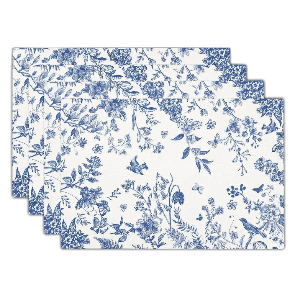 serviettes table lin blanc bleu fleuri classique vintage respectueux environnement opaques