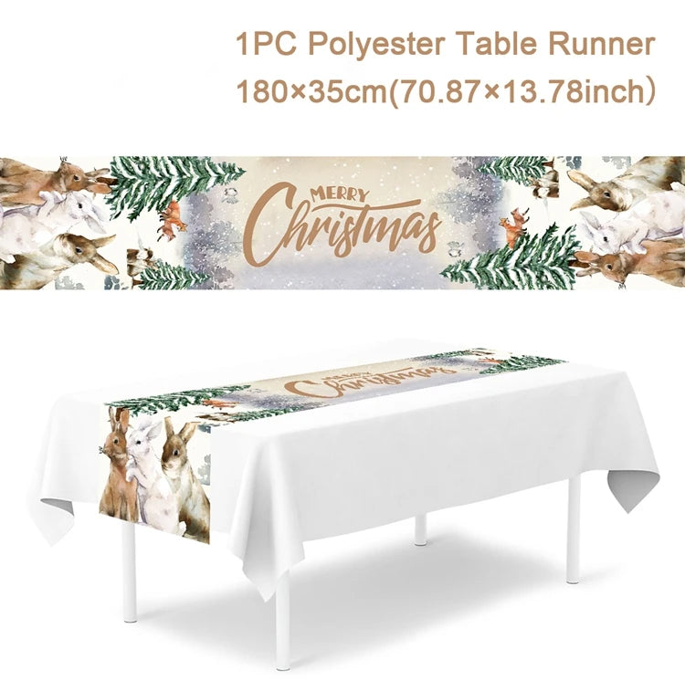 table noel chemin blanc motif flocon renne decoration festive polyester