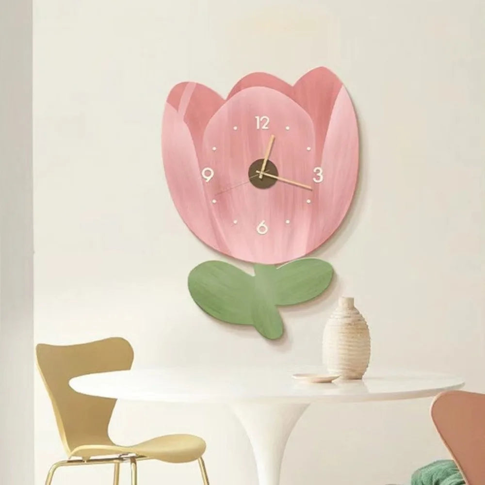 horloge murale fleur rose vert moderne minimaliste décorative imitation bois