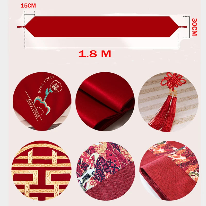 table table rouge motif double bonheur mariage chinois décoration festive franges textiles traditionnels asiatiques