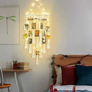 présentoir photo suspension macramé tresses franges bois décor boho chambre vert marronclair