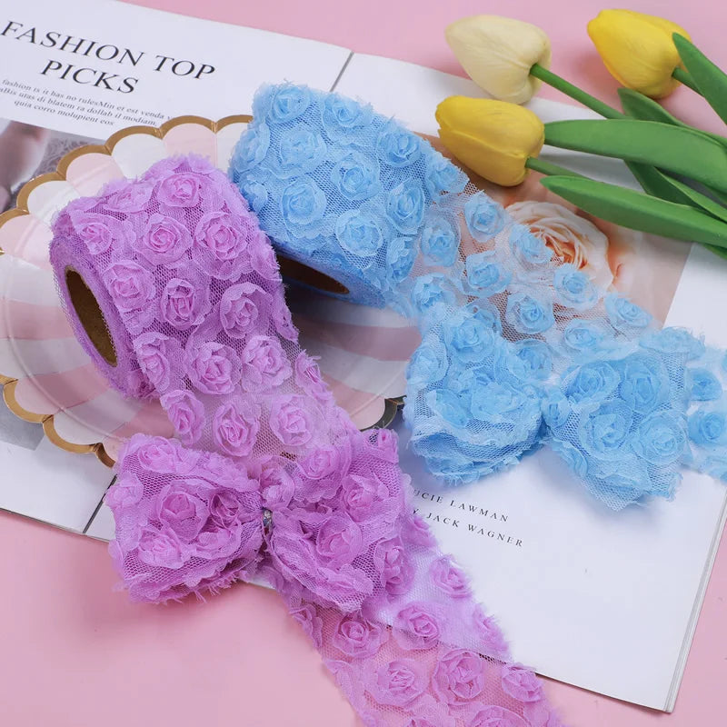 ruban décoratif fleurs relief rose bleu blanc opacité romantique coeur papillon strass