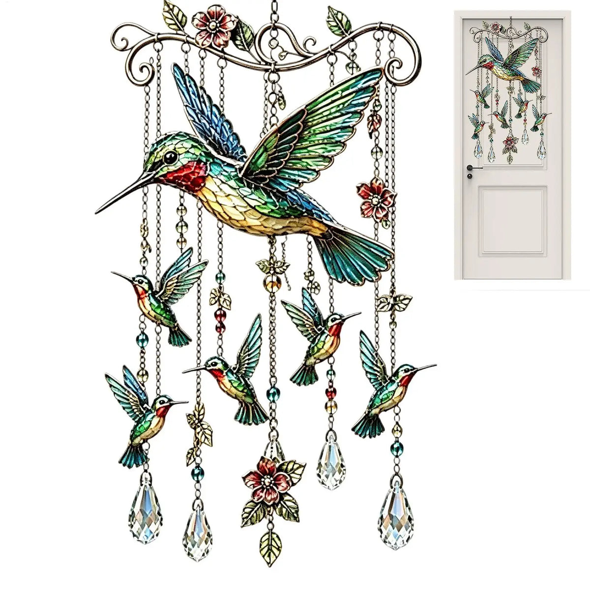 mobile décoratif suspendu colibris fleurs vitrail cristaux métal famille extérieur pastorale