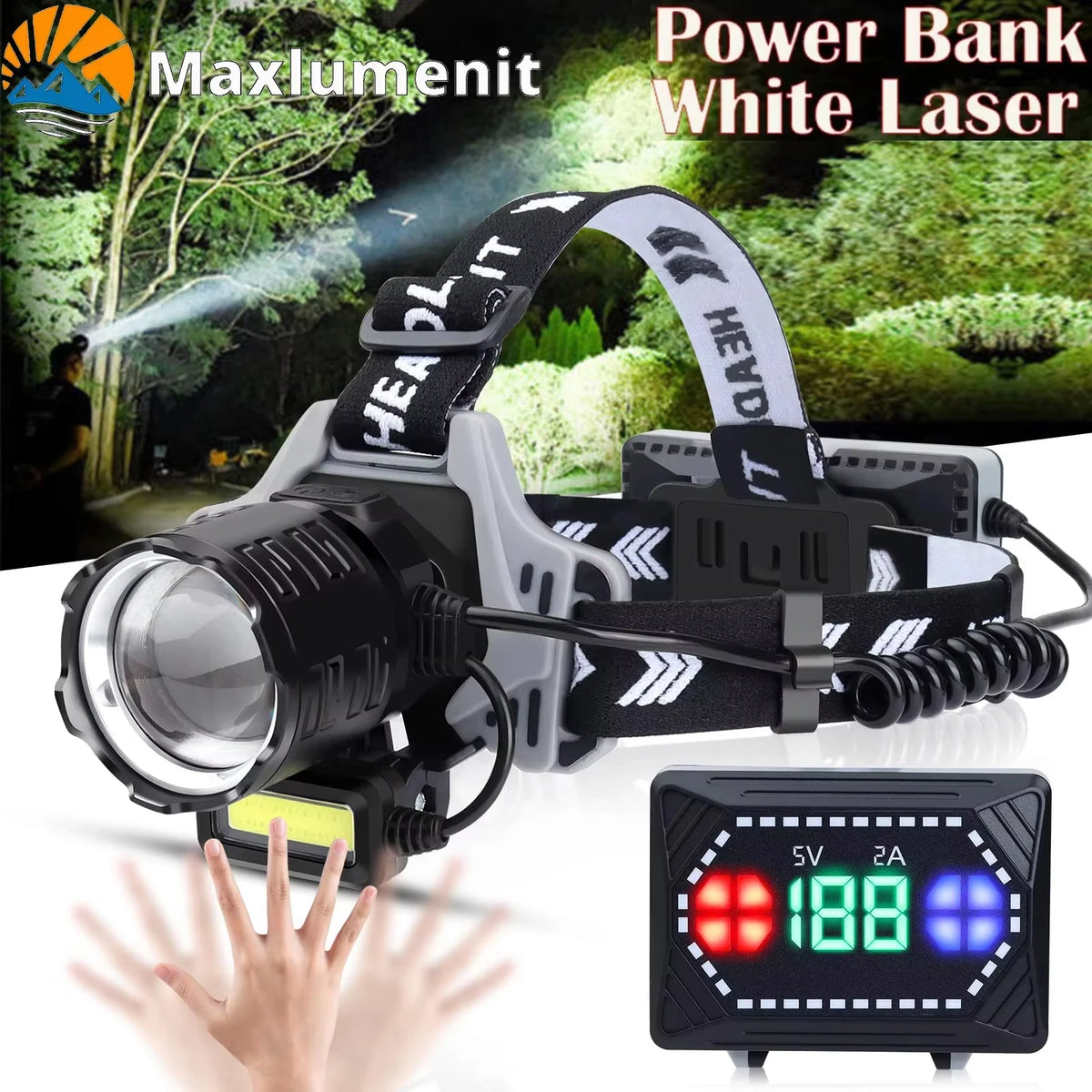lampe frontale rechargeable led étanche ipx7 capteur mouvement modes luminosité cordon ajustable affichage numérique