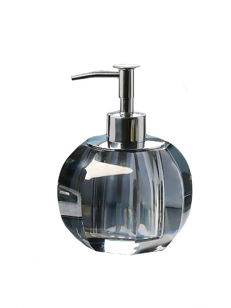 distributeur savon liquide bouteille lotion verre cristal transparent rayures horizontales moderne élégant respectueux environnement